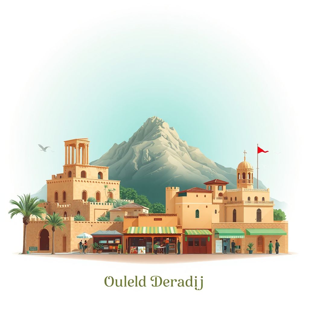 Ultra-high-definition gradient illustration of Ouled Derradj, featuring ancient ruins, traditional architecture, and local market.
