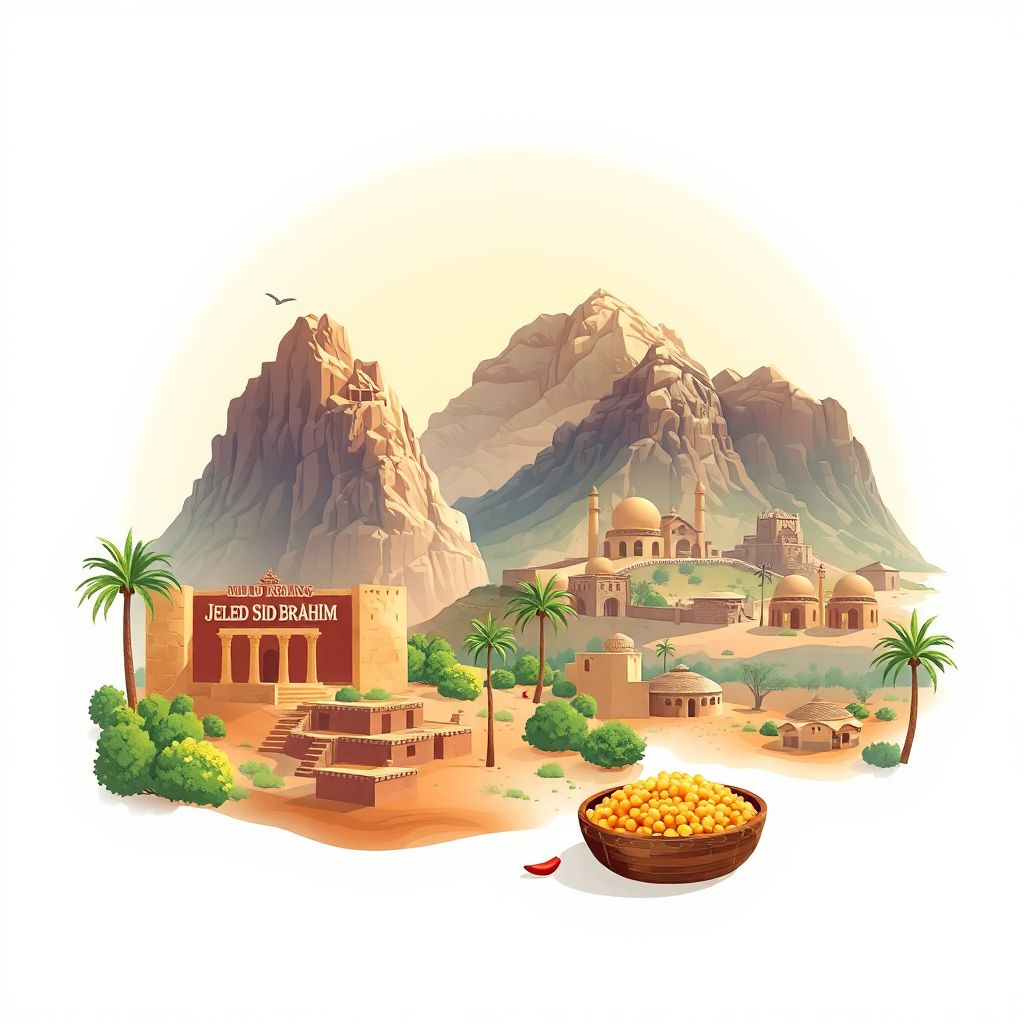 Ultra-high-definition gradient illustration style Ouled Sidi Brahim illustration, showing the unique charm of the ancient ruins of Djebel Aissa, the Saharan Atlas, and couscous.