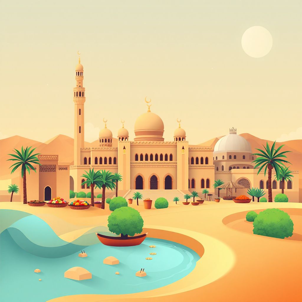 Ultra-high-definition gradient illustration style Sidi Khouiled illustration, showing the unique charm of the Ouargla Mosque, the Grand Erg Oriental.