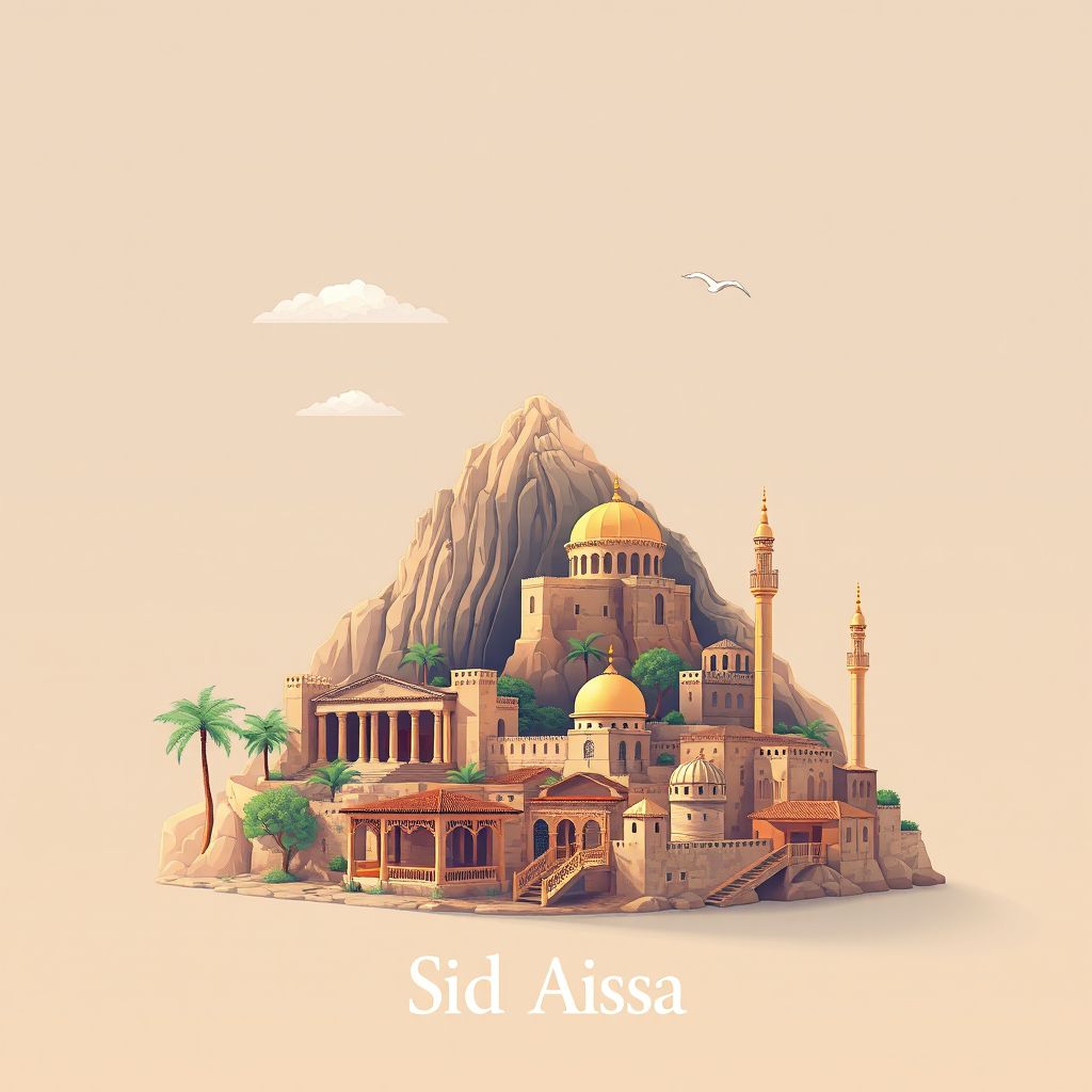 Ultra-high-definition gradient illustration style Sidi Aissa illustration, showing the unique charm of the ancient ruins of Djebel Aissa, the local mosque, and couscous.