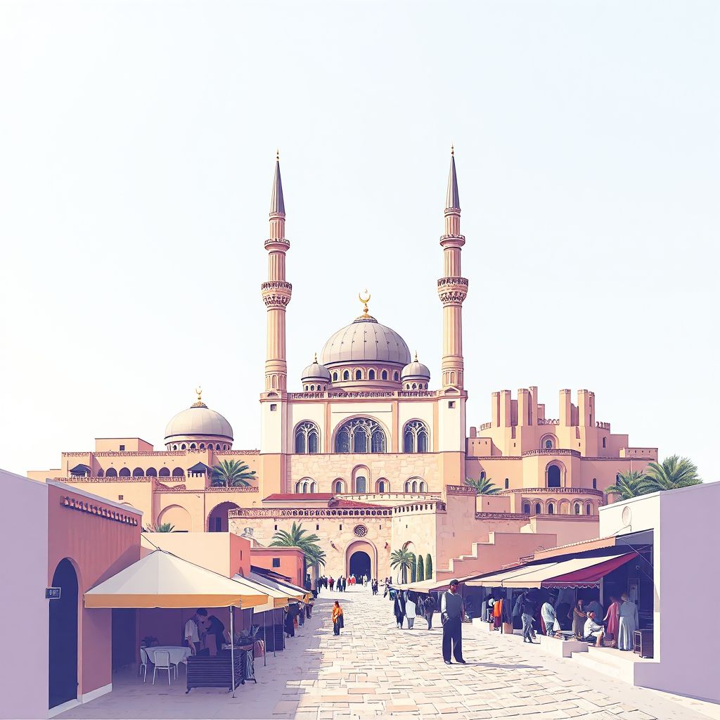 Ultra-high-definition gradient illustration style Moghrar illustration, showing the unique charm of the Moghrar Mosque, the ancient ruins of Tiddis, and the local traditional market.