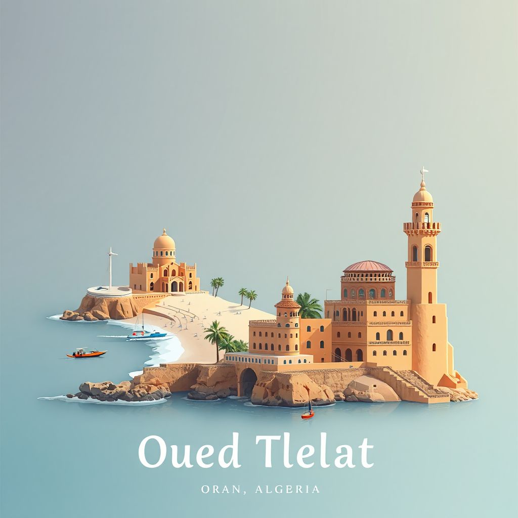Ultra-high-definition gradient illustration style image of Oued Tlelat, Oran, Algeria, featuring Oued Tlelat Beach and historic architecture.