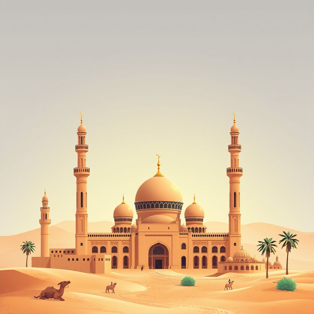 Ultra-high-definition gradient illustration style Hassi Messaoud illustration, showing the unique charm of the Great Mosque of Hassi Messaoud, the Sahara Desert.
