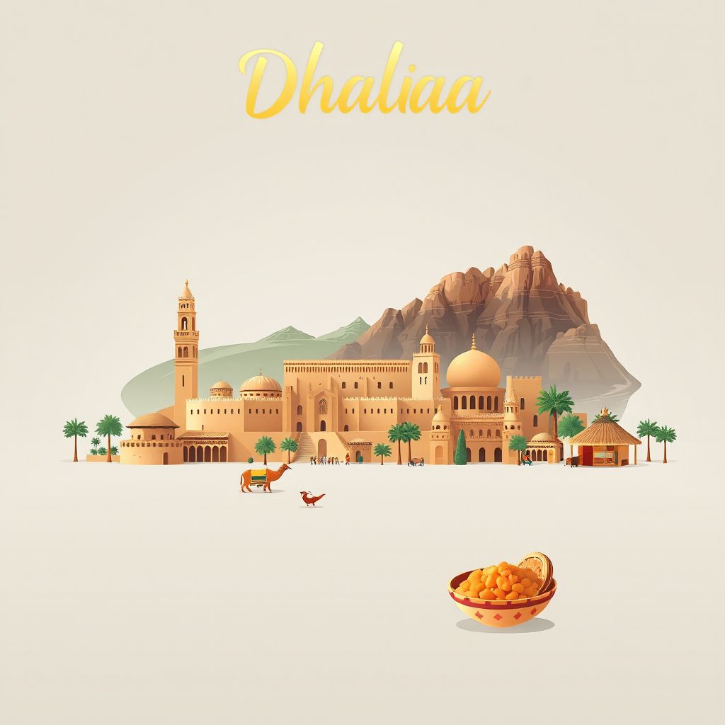 Ultra-high-definition gradient illustration style Dhalaa illustration, showing the unique charm of the historic Kasbah of Oum el Bouaghi and the beautiful landscapes of the Djebel El Ouaar.
