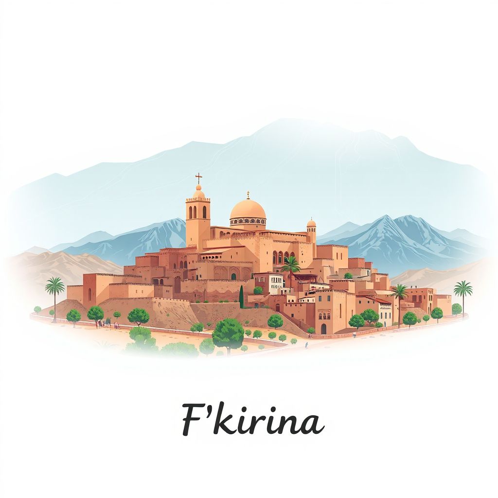 Ultra-high-definition gradient illustration style F'kirina illustration, showing the unique charm of the historic Kasbah and the surrounding mountains.
