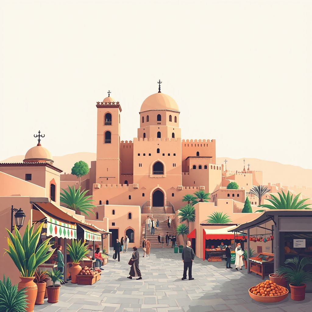 Ultra-high-definition gradient illustration style Ksar Sbahi illustration, showing the unique charm of the ancient Kasbah, the local market.