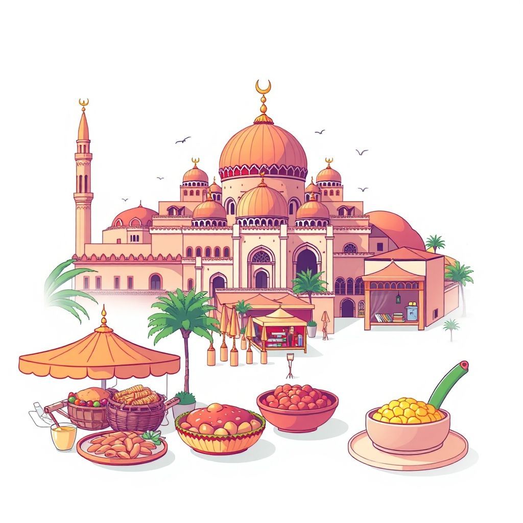 Ultra-high-definition gradient illustration style Ain Kechra illustration, showing the unique charm of the Ain Kechra Mosque and the Ain Kechra Market.