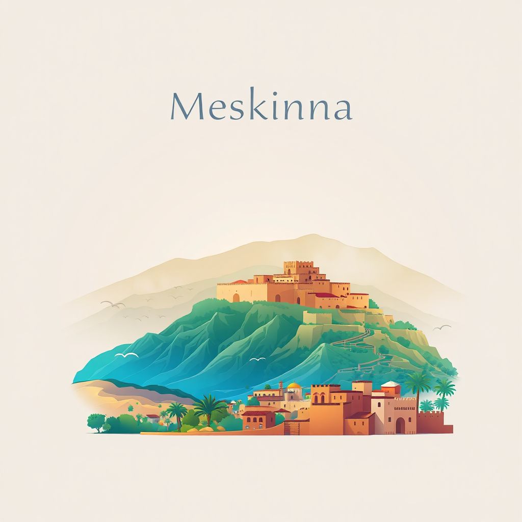 Ultra-high-definition gradient illustration of Meskiana, featuring the historic Kasbah and surrounding mountain landscapes.