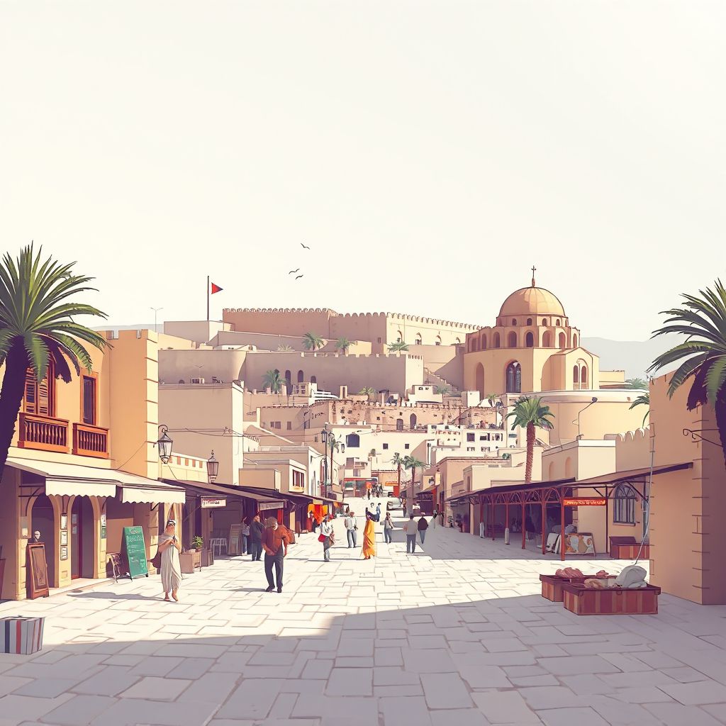 Ultra-high-definition gradient illustration style Souk Naamane image, showing the unique charm of the Souk Naamane Market and the historic ruins of the ancient city.