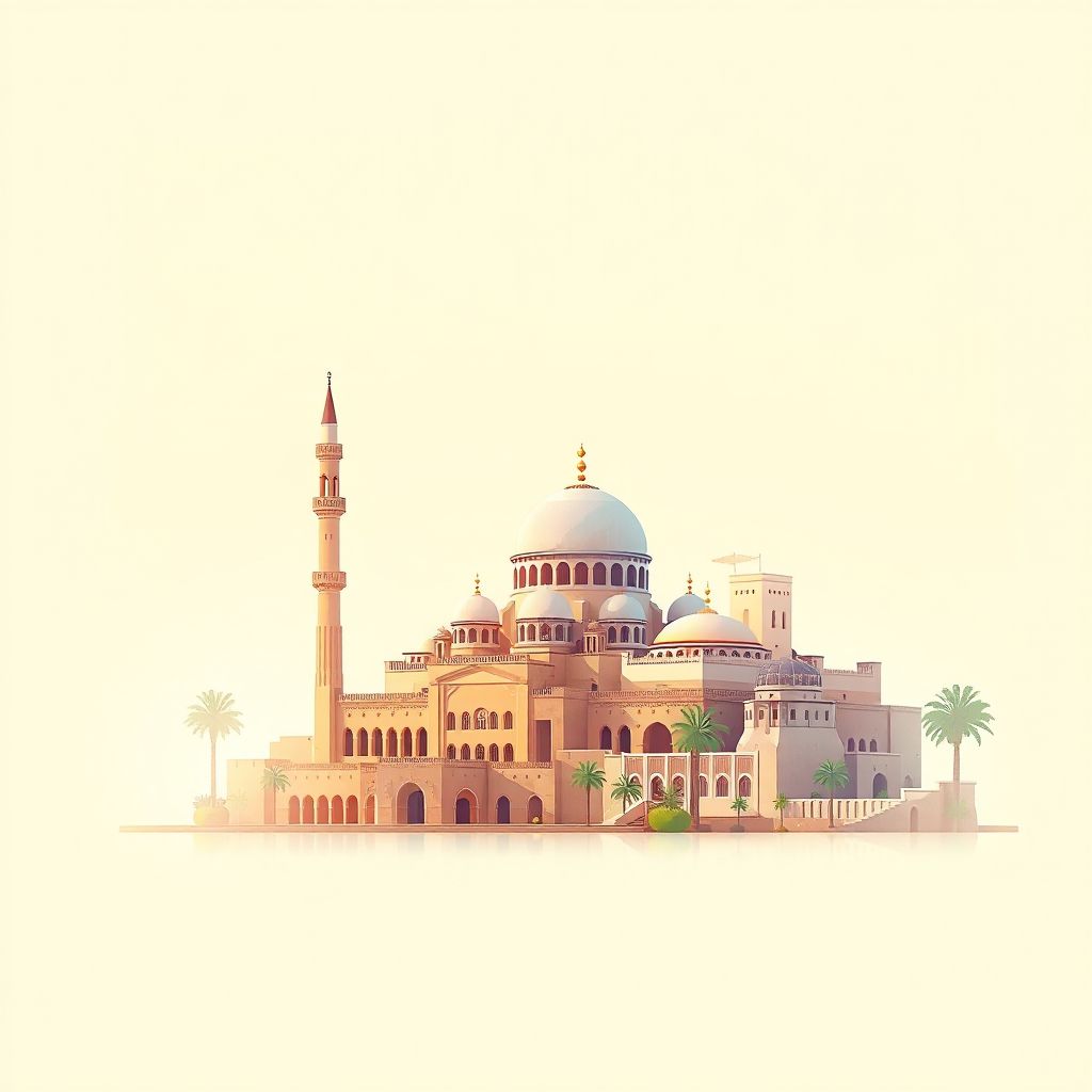 Ultra-high-definition gradient illustration style Oum El Bouaghi illustration, showing the unique charm of the Great Mosque of Oum El Bouaghi and the historic Kasbah.