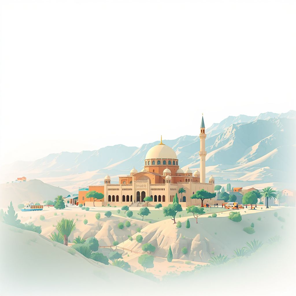 Ultra-high-definition gradient illustration style Ain Tarek illustration, showing the unique charm of the Ain Tarek Mosque and the Ain Tarek Valley.