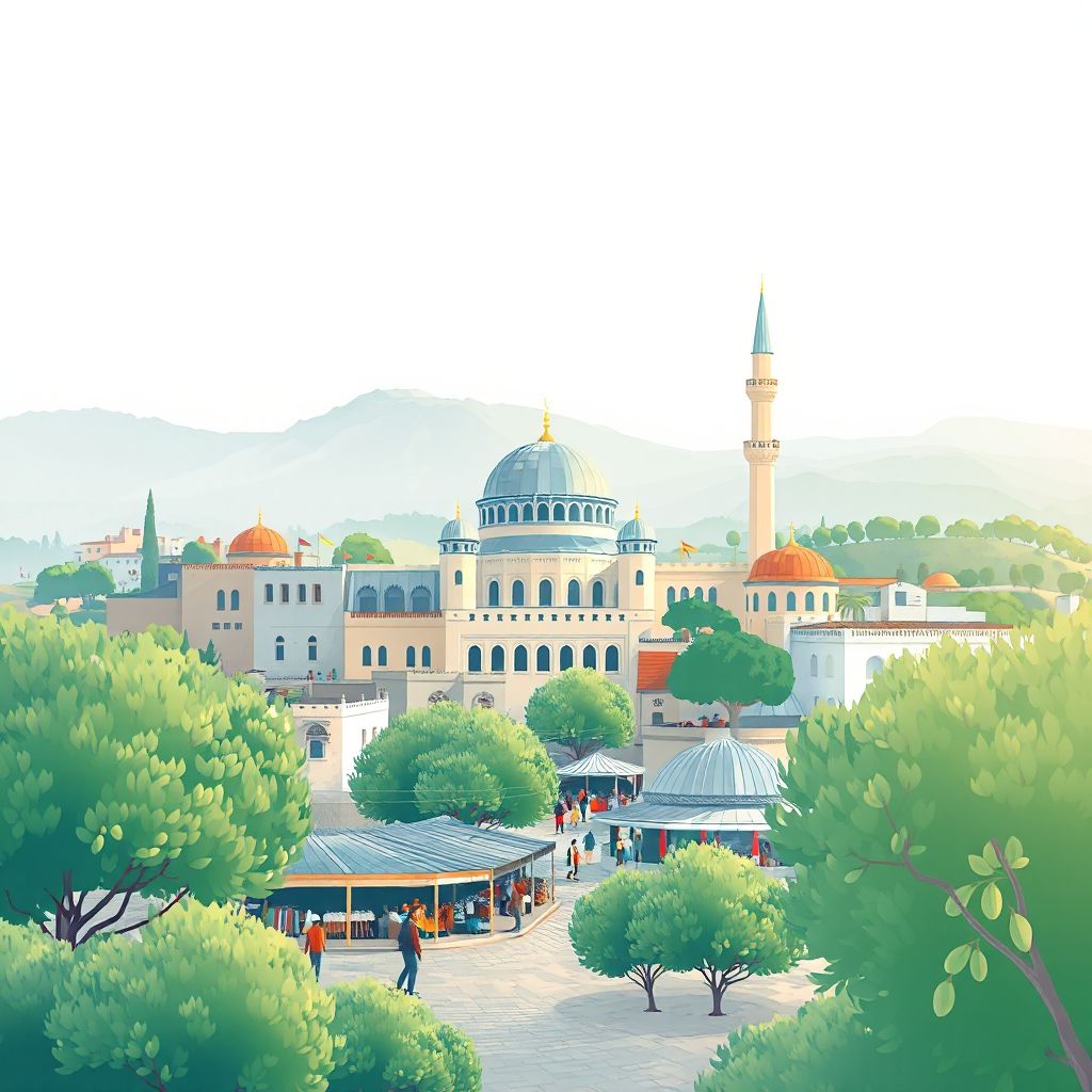 Ultra-high-definition gradient illustration style Djidiouia illustration, showing the unique charm of the Djidiouia Mosque, the Djidiouia Market, and olive groves.