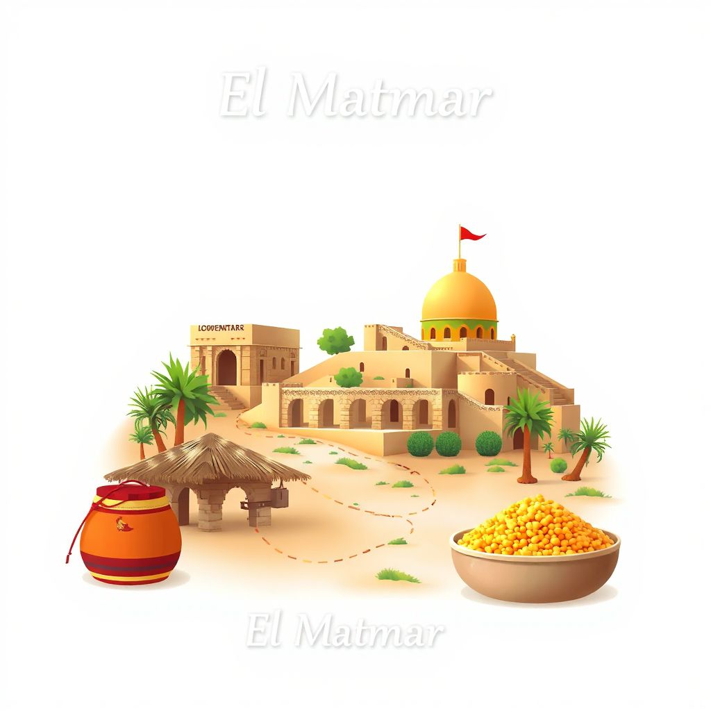 Ultra-high-definition gradient illustration style El Matmar illustration, showing the unique charm of the historic ruins of Tiddis and couscous.