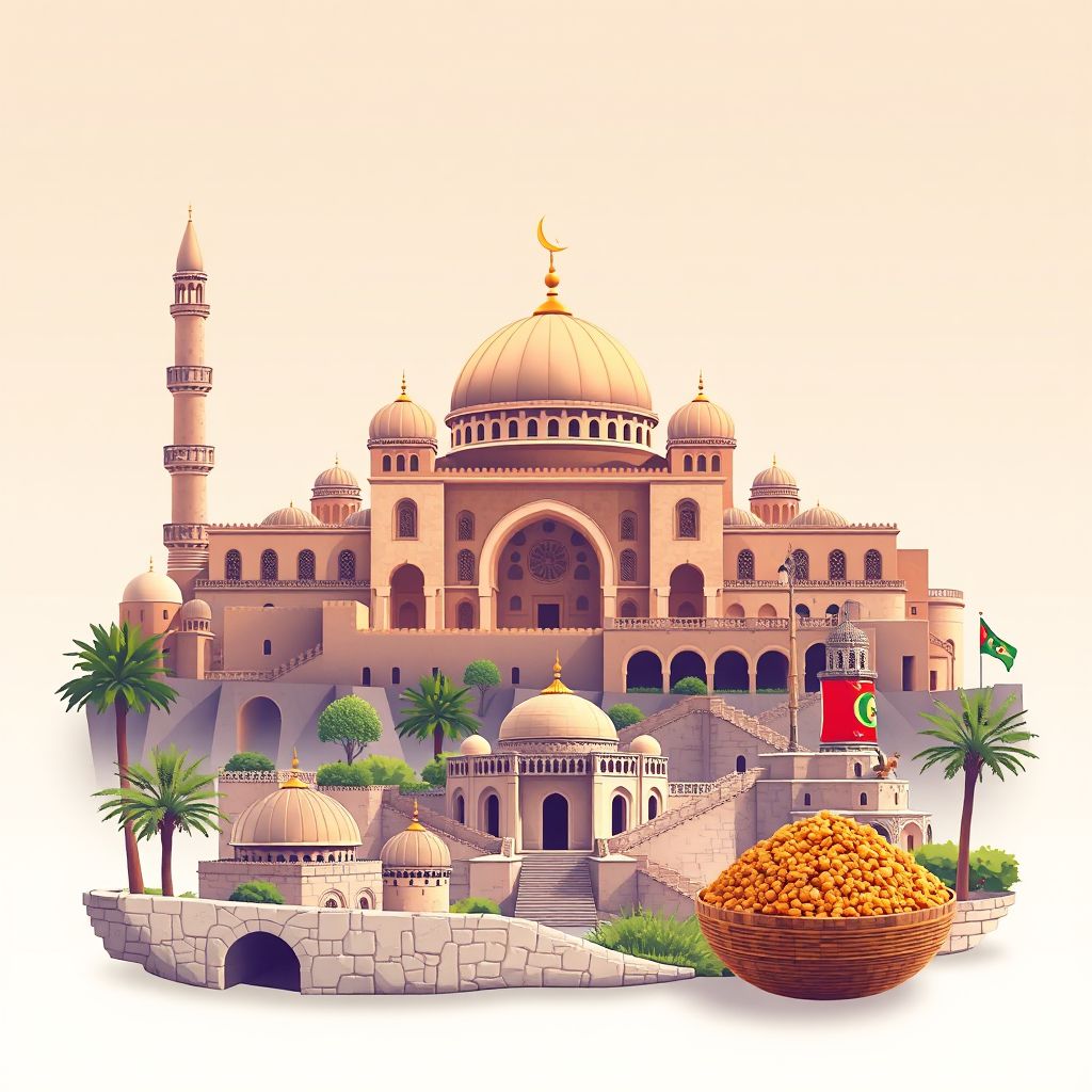 Ultra-high-definition gradient illustration style Mendes illustration, showing the unique charm of the Great Mosque of Relizane and the historic ruins of Tiddis.