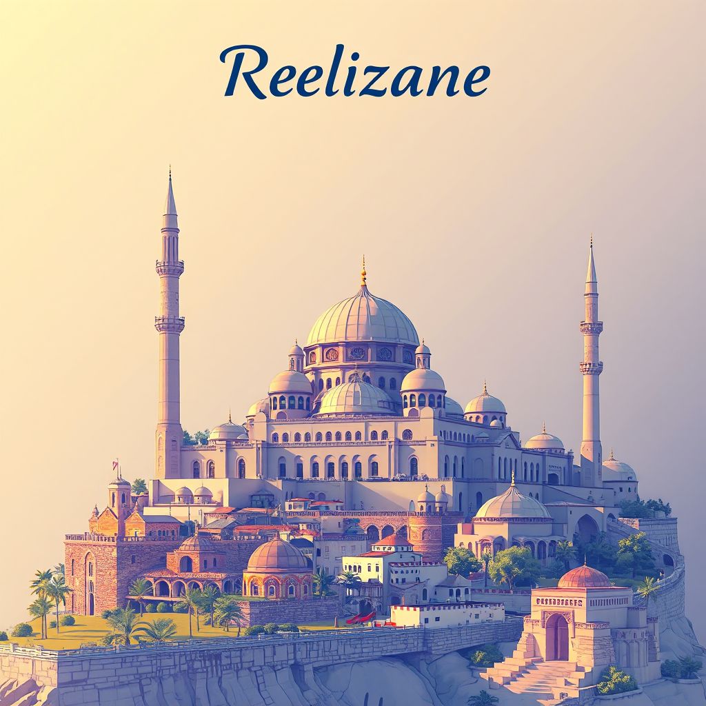 Ultra-high-definition gradient illustration style Relizane image, showing the unique charm of the Relizane Mosque and beautiful landscapes.