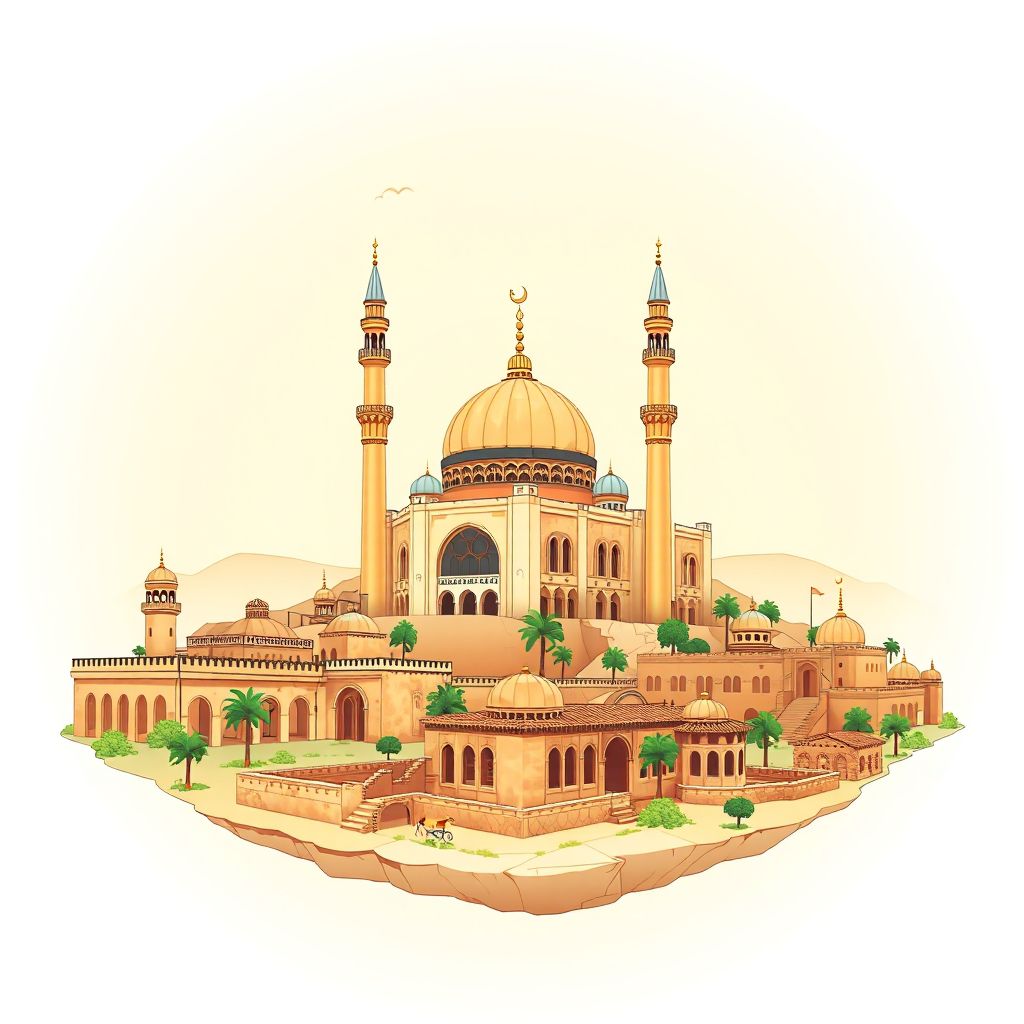 Ultra-high-definition gradient illustration style Sidi M'hamed Ben Ali illustration, showing the unique charm of the Great Mosque of Relizane and historic ruins.