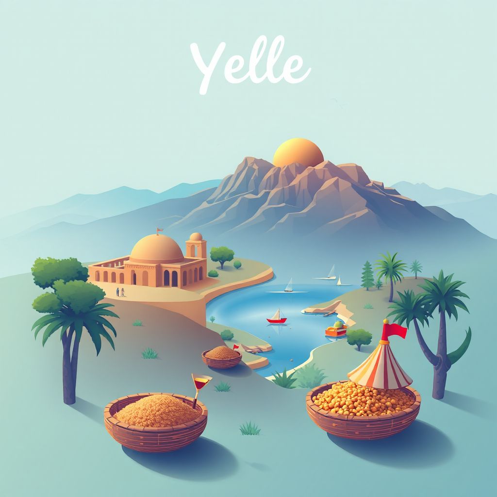 Ultra-high-definition gradient illustration style Yellel illustration, showing the unique charm of the historic ruins of Tiddis, the scenic beauty of the Zaccar Lake.