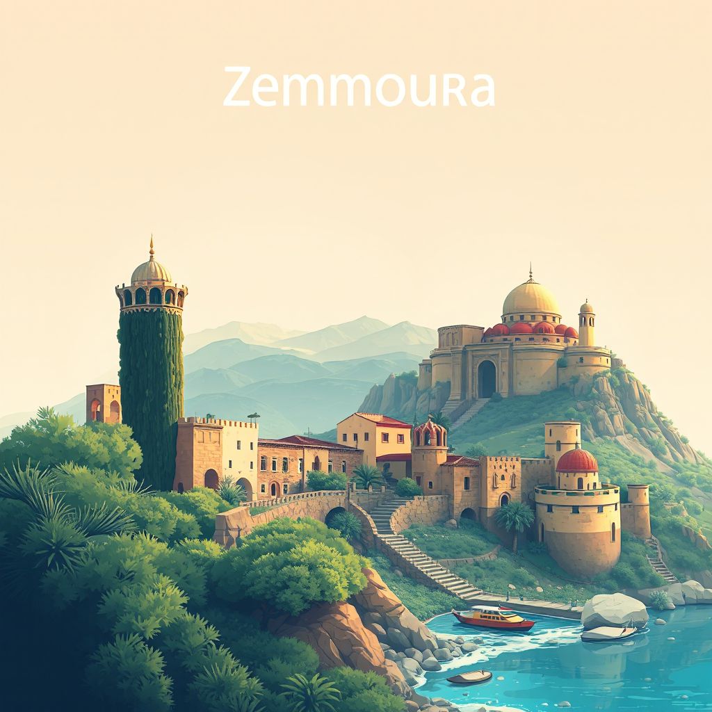 Ultra-high-definition gradient illustration style Zemmoura illustration, showing the unique charm of the historic ruins of Tiddis and the scenic beauty of the Chrea National Park.