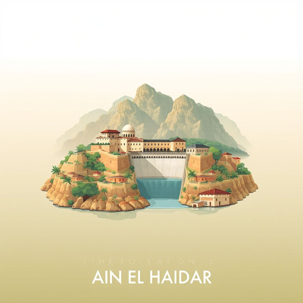 Ultra-high-definition gradient illustration style Ain El Hadjar illustration, showing the unique charm of the Ain El Hadjar Dam and natural landscapes.