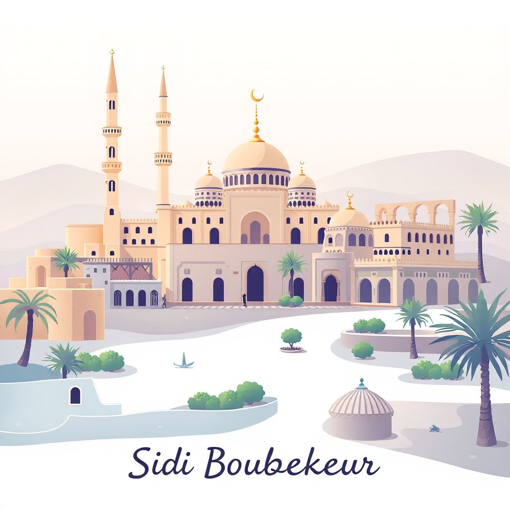 Ultra-high-definition gradient illustration style Sidi Boubekeur illustration, showing the unique charm of the Great Mosque of Saida, the ancient ruins of Saida.