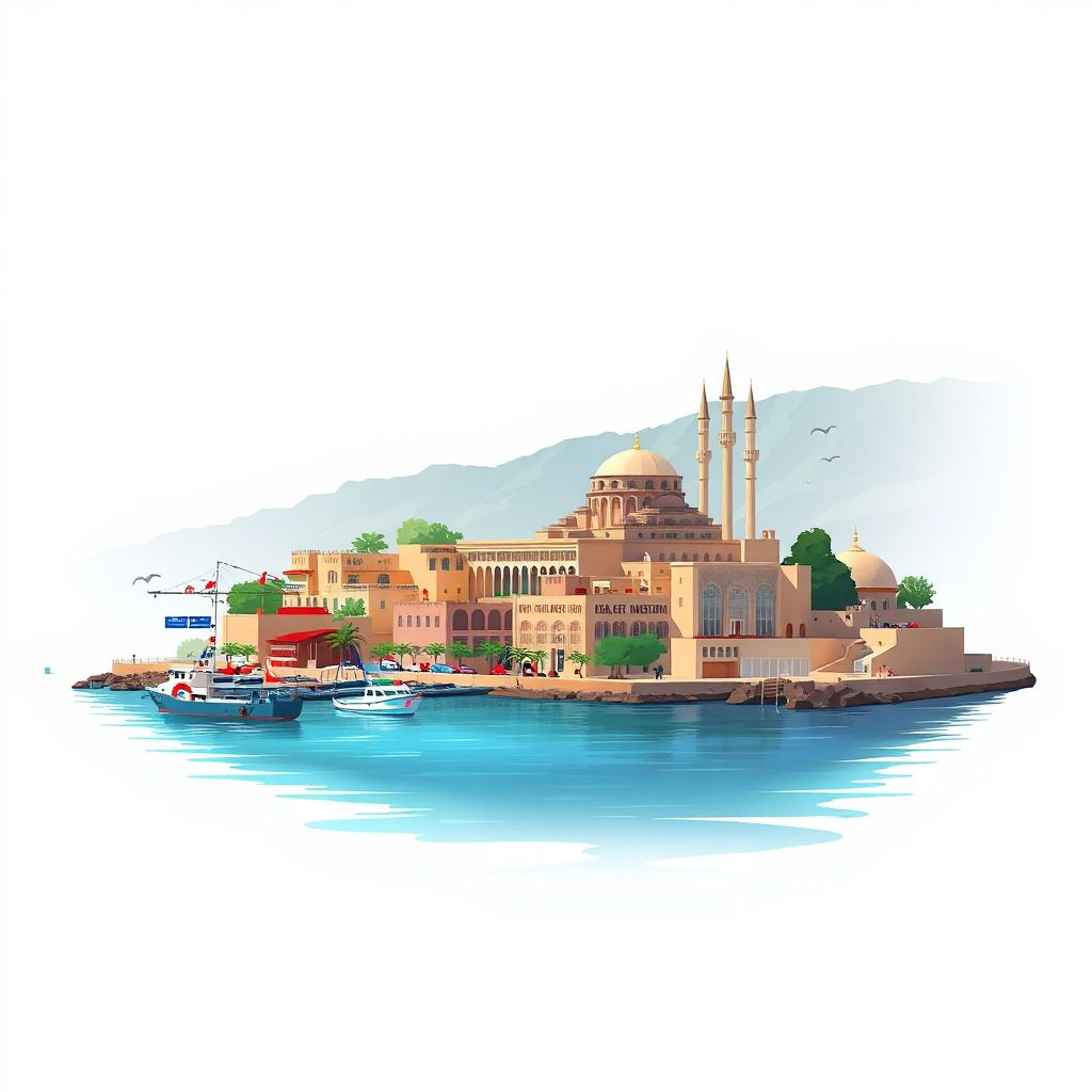 Ultra-high-definition gradient illustration style Ramdane Djamel illustration, showing the unique charm of the Skikda Port and the Great Mosque of Skikda.