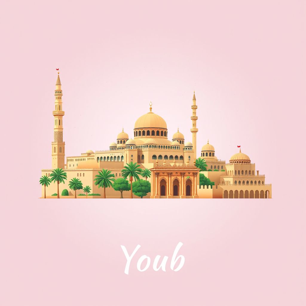 Ultra-high-definition gradient illustration style Youb illustration, showing the unique charm of the Great Mosque of Algiers, the ruins of Djemaa Ghazali, and traditional Algerian couscous.