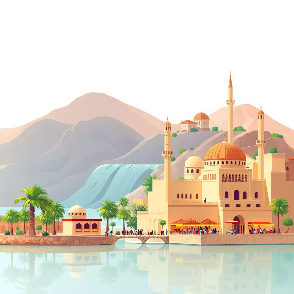 Ultra-high-definition gradient illustration style Ain Arnat illustration, showing the unique charm of the Ain Arnat Dam, the Ain Arnat Mosque, and the Ain Arnat Market.