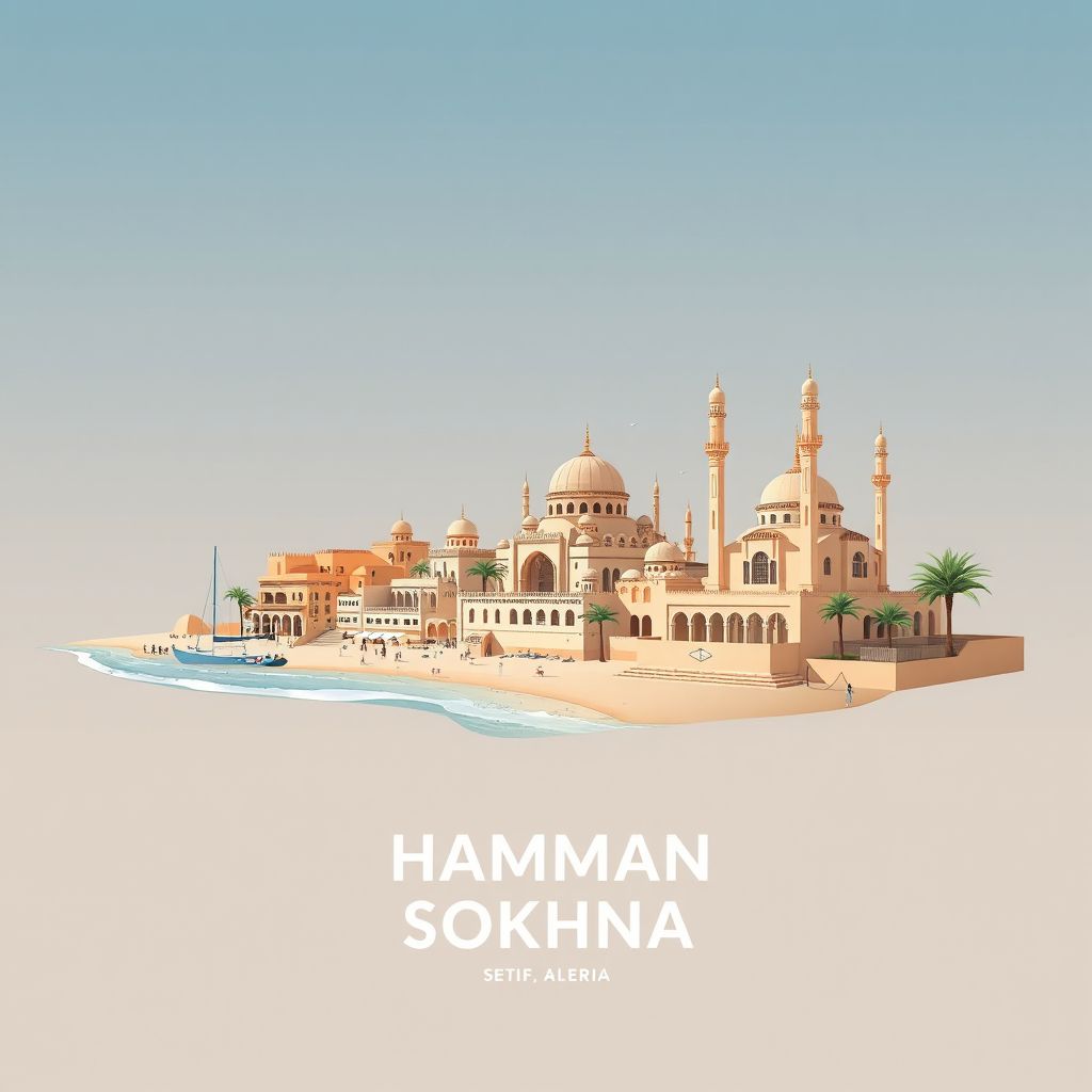 Ultra-high-definition gradient illustration style Hammam Sokhna illustration, showing the unique charm of the Hammam Sokhna Beach, the Hammam Sokhna Thermal Baths, and the Hammam Sokhna Mosque.
