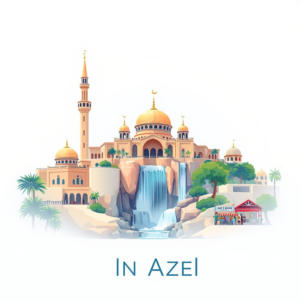 Ultra-high-definition gradient illustration style Ain Azel illustration, showing the unique charm of the Ain Azel Mosque, the Ain Azel Waterfall, and the Ain Azel Market.