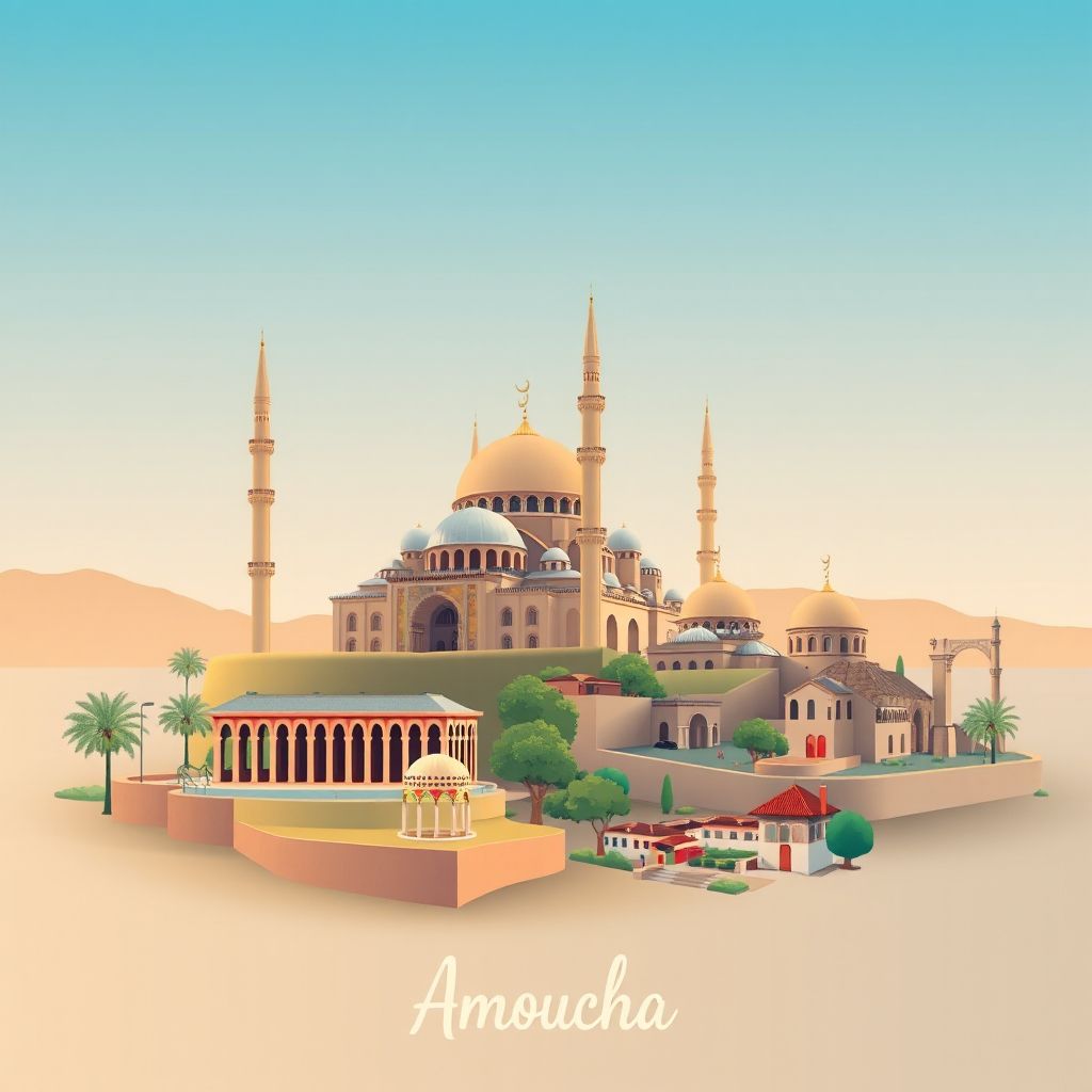 Ultra-high-definition gradient illustration style Amoucha illustration, showing the unique charm of the Great Mosque of Setif, the Roman ruins of Djémila, and traditional Algerian couscous.
