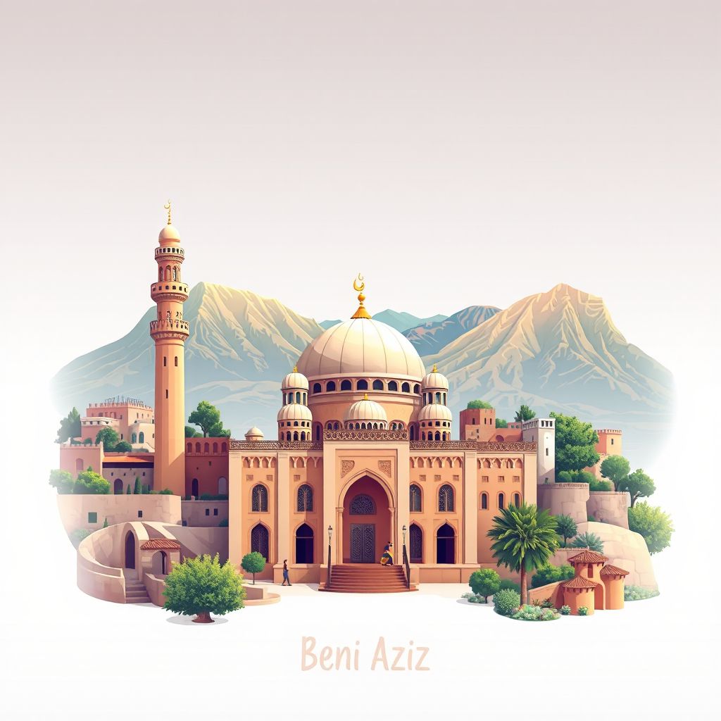 Ultra-high-definition gradient illustration style Beni Aziz illustration, showing the unique charm of the Beni Aziz Mosque and the beautiful landscapes of the region.