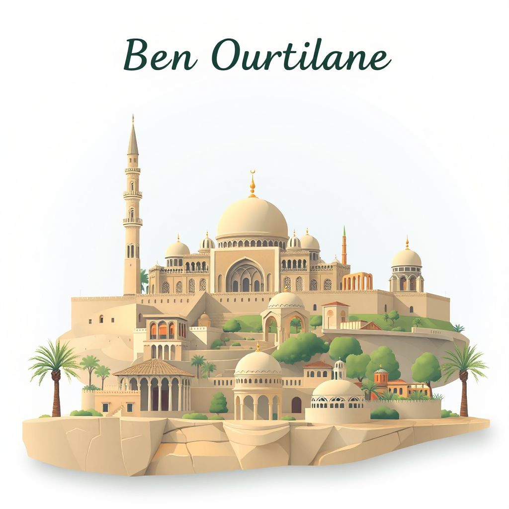 Ultra-high-definition gradient illustration style Beni Ourtilane illustration, showing the unique charm of the Great Mosque of Setif, the Roman ruins of Djémila.