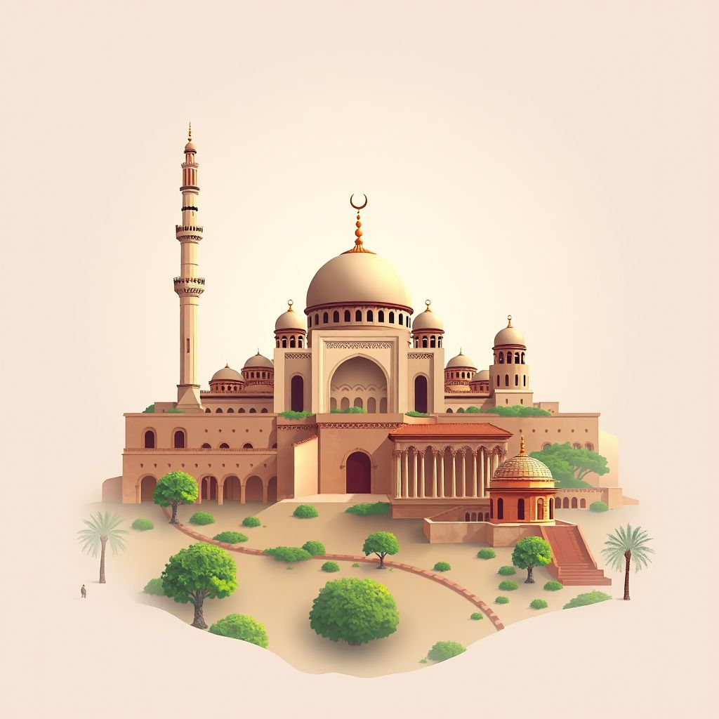 Ultra-high-definition gradient illustration style Bir El Arch illustration, showing the unique charm of the Great Mosque of Setif, the Roman ruins of Djémila.