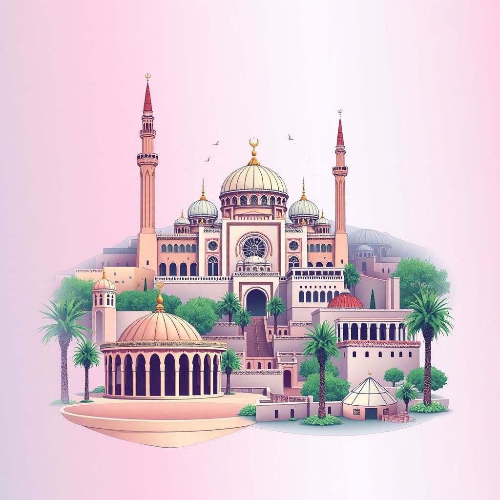 Ultra-high-definition gradient illustration style Bouandas illustration, showing the unique charm of the Great Mosque of Setif and the Roman ruins of Djémila.