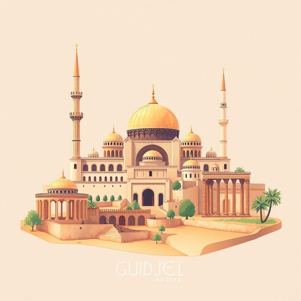 Ultra-high-definition gradient illustration style Guidjel illustration, showing the unique charm of the Great Mosque of Setif, the Roman ruins of Djémila, and couscous.