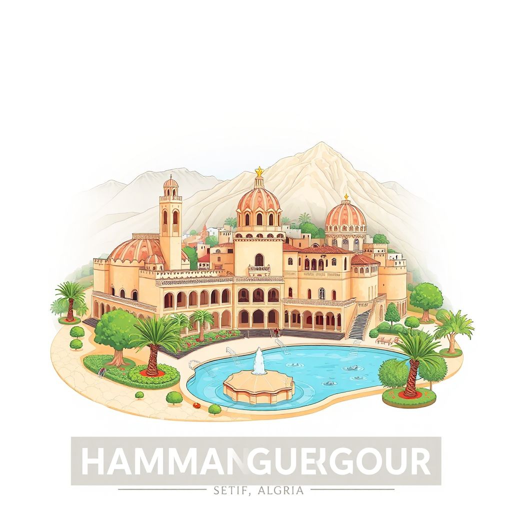 Ultra-high-definition gradient illustration style Hammam Guergour illustration, showing the unique charm of the Hammam Guergour Thermal Baths and natural landscapes.