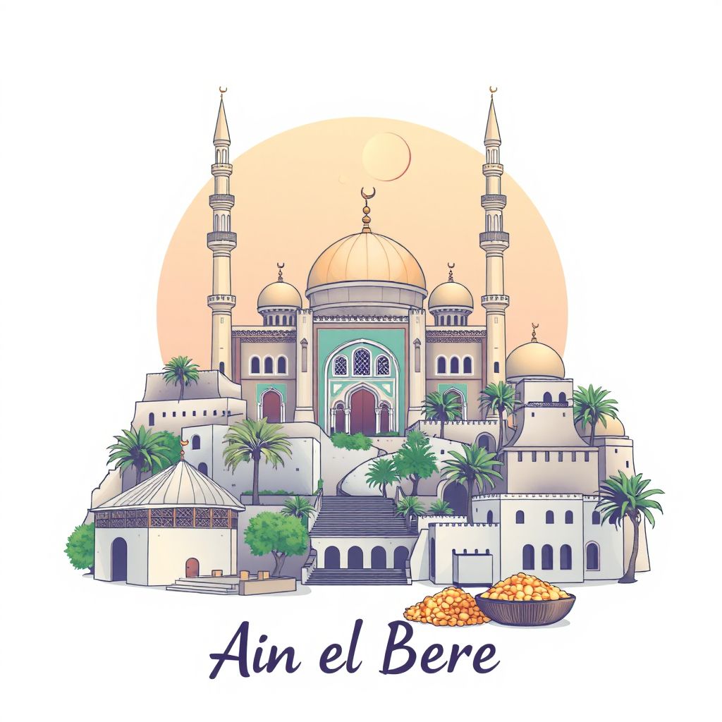 Ultra-high-definition gradient illustration style Ain El Berd illustration, showing the unique charm of the Great Mosque of Sidi Bel Abbes and couscous.