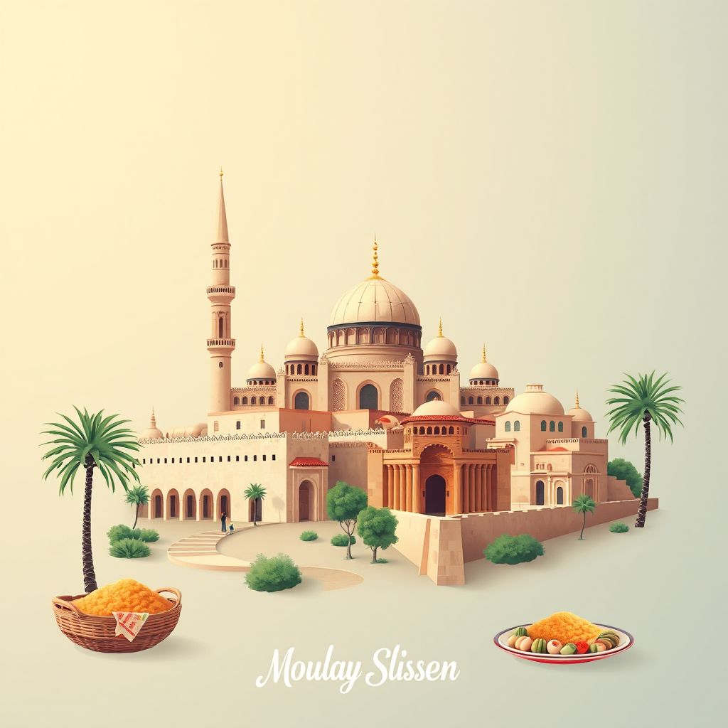 Ultra-high-definition gradient illustration style Moulay Slissen illustration, showing the unique charm of the Great Mosque of Moulay Slissen and historic ruins of Sidi Bel Abbes.
