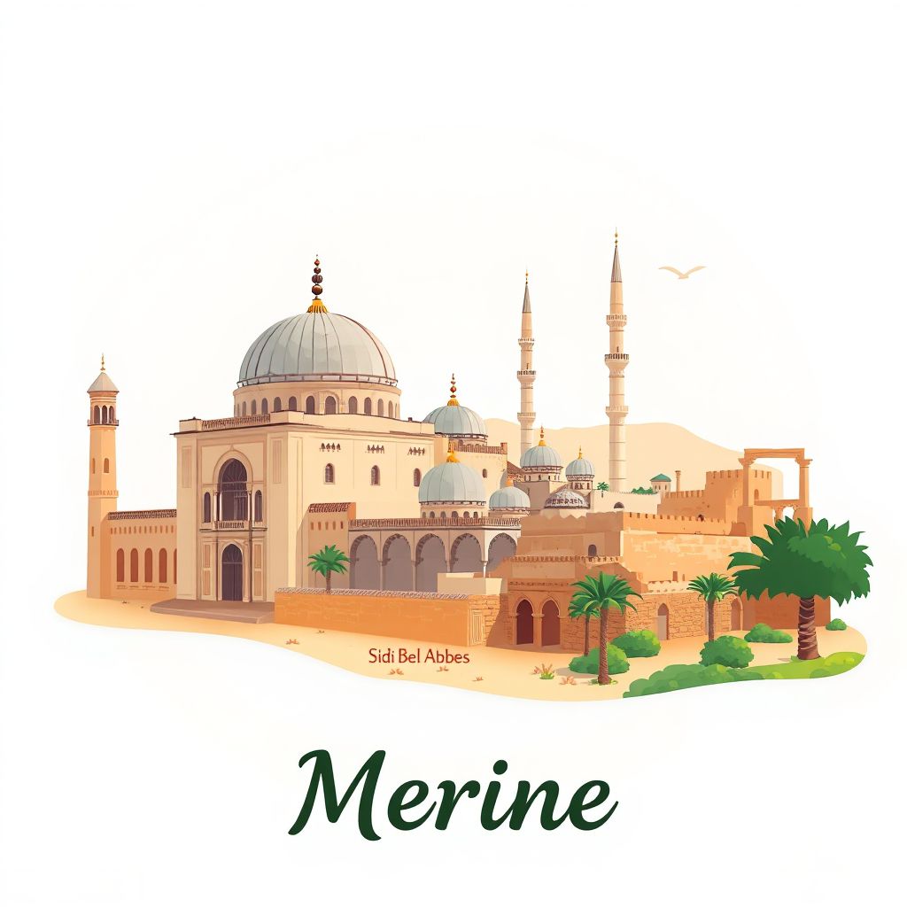 Ultra-high-definition gradient illustration style Merine illustration, showing the unique charm of the Merine Mosque, the historic ruins of Sidi Bel Abbes, and couscous.
