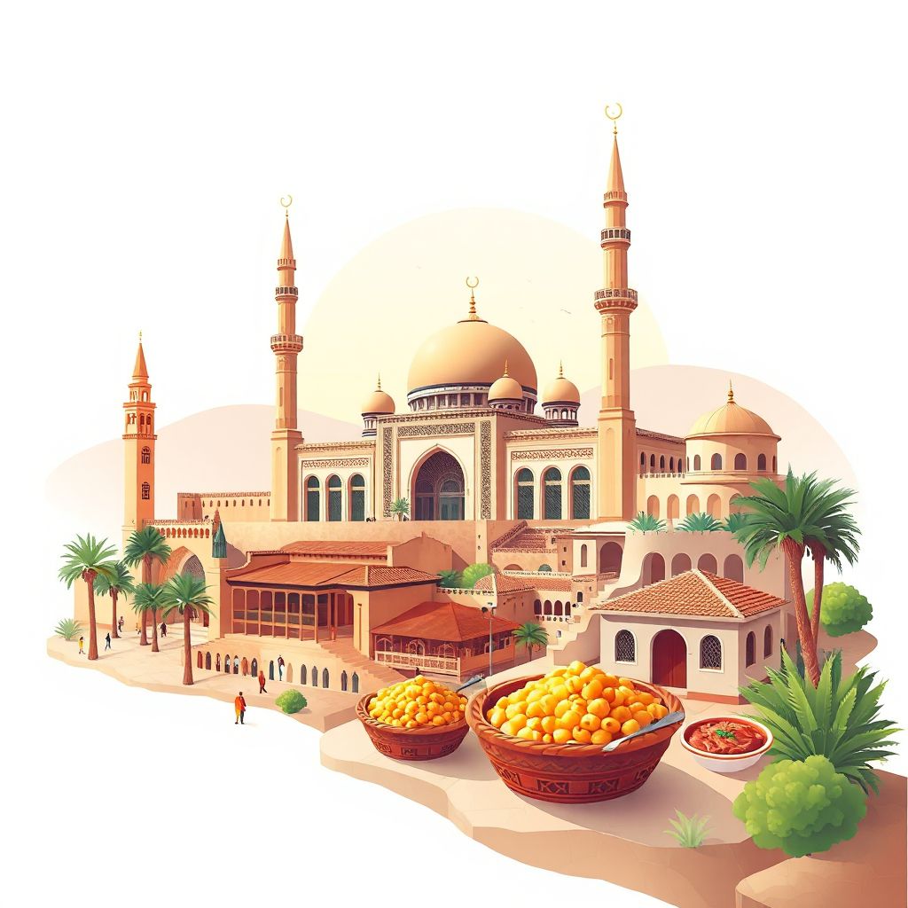 Ultra-high-definition gradient illustration style Mostefa Ben Brahim illustration, showing the unique charm of the Great Mosque of Sidi Bel Abbes, the historic city center, and traditional Algerian cuisine.