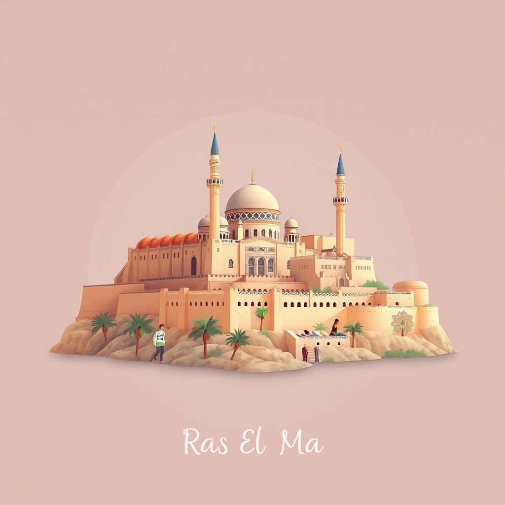 Ultra-high-definition gradient illustration style Ras El Ma illustration, showing the unique charm of the Great Mosque of Sidi Bel Abbes, and the historic Ras El Ma Fort.