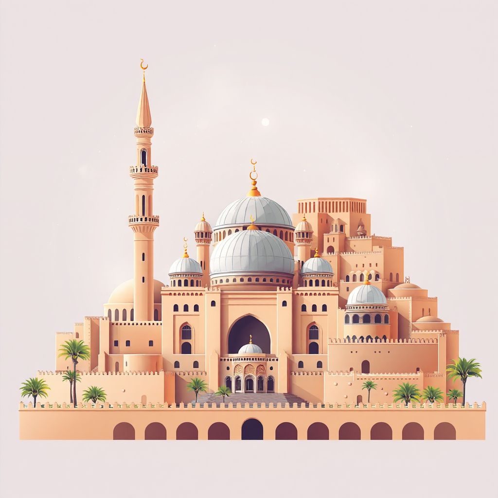 Ultra-high-definition gradient illustration style Sidi Bel Abbes illustration, showing the unique charm of the Great Mosque of Sidi Bel Abbes and the historic Kasbah.