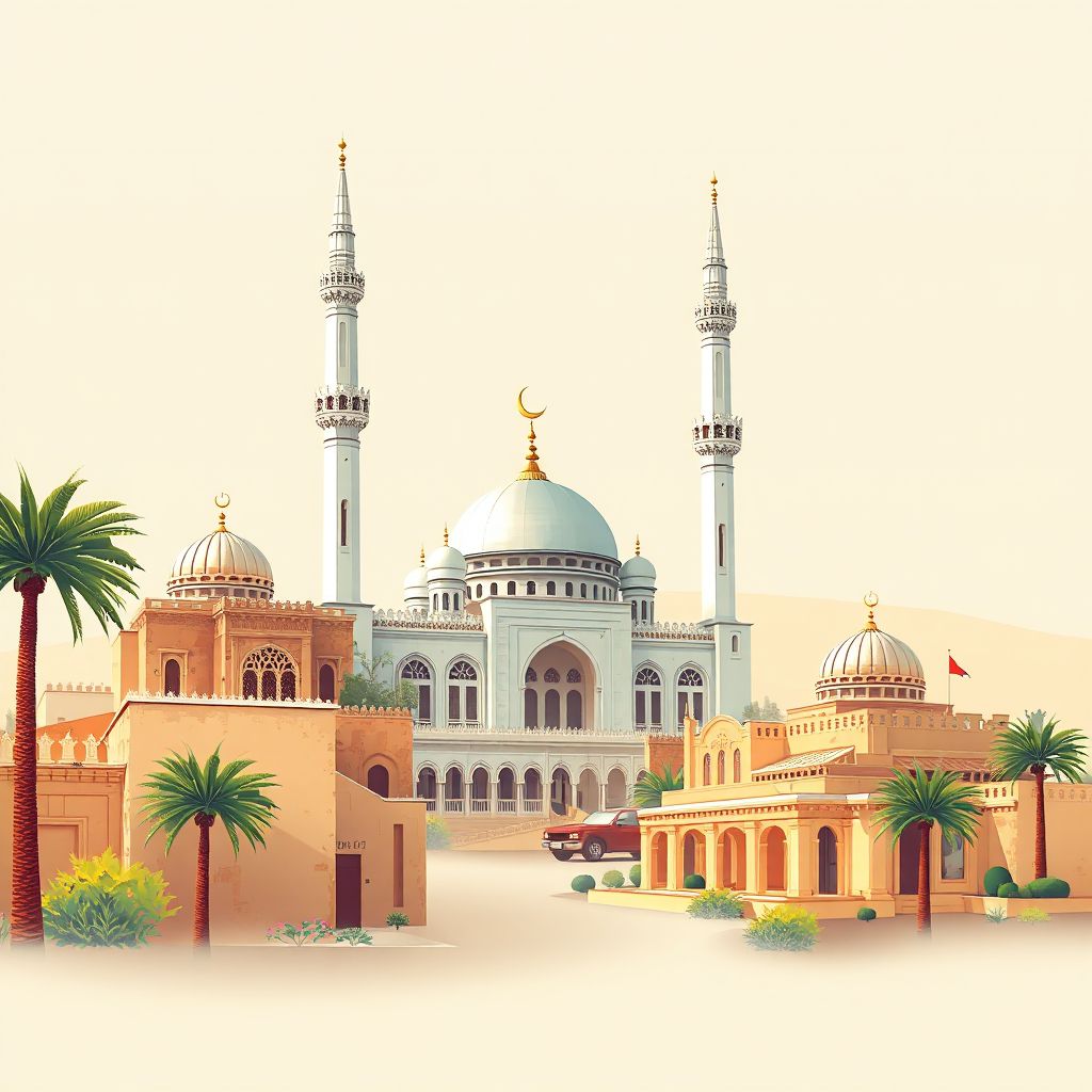 Ultra-high-definition gradient illustration style Sfisef illustration, showing the unique charm of the Great Mosque of Sfisef, the historic ruins of Sidi Bel Abbes.