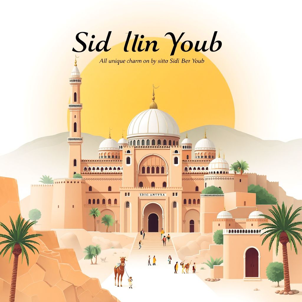 Ultra-high-definition gradient illustration style Sidi Ali Ben Youb illustration, showing the unique charm of the Great Mosque of Sidi Bel Abbes, the historic Kasbah of Sidi Bel Abbes, and couscous.