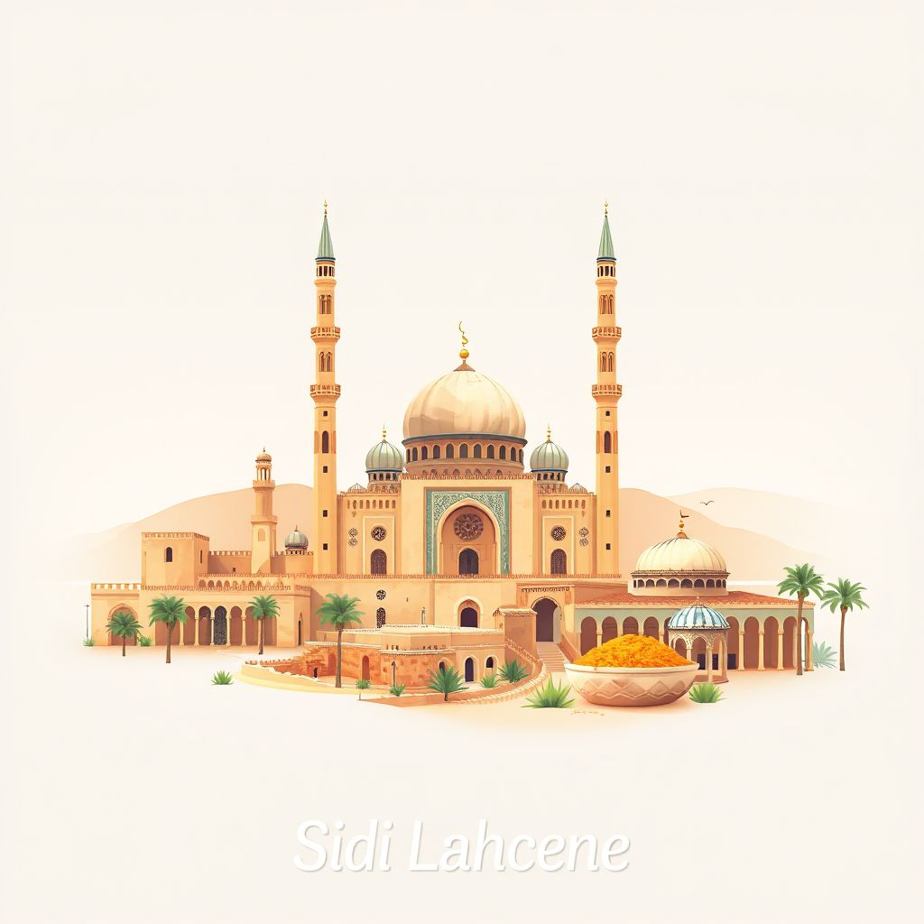 Ultra-high-definition gradient illustration style Sidi Lahcene illustration, showing the unique charm of the Great Mosque of Sidi Lahcene, the historic ruins of Sidi Bel Abbes.