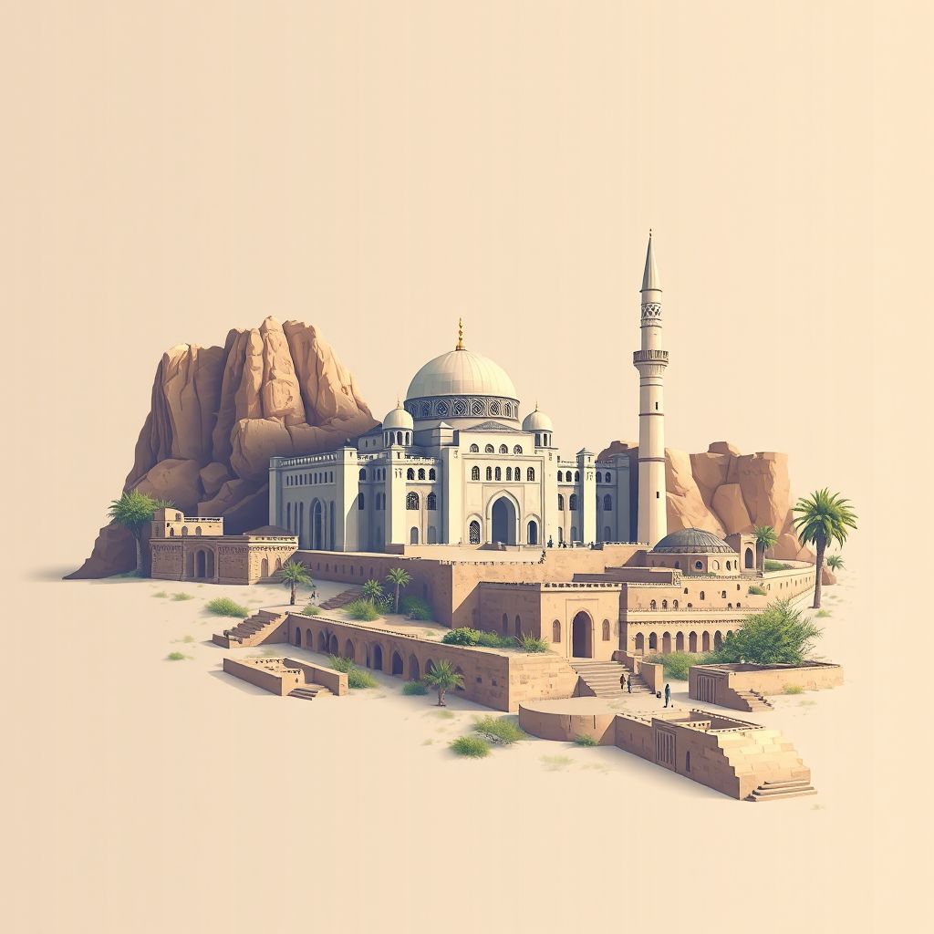 Ultra-high-definition gradient illustration style Tessala illustration, showing the unique charm of the Great Mosque of Sidi Bel Abbes, and the historic ruins of Tessala.