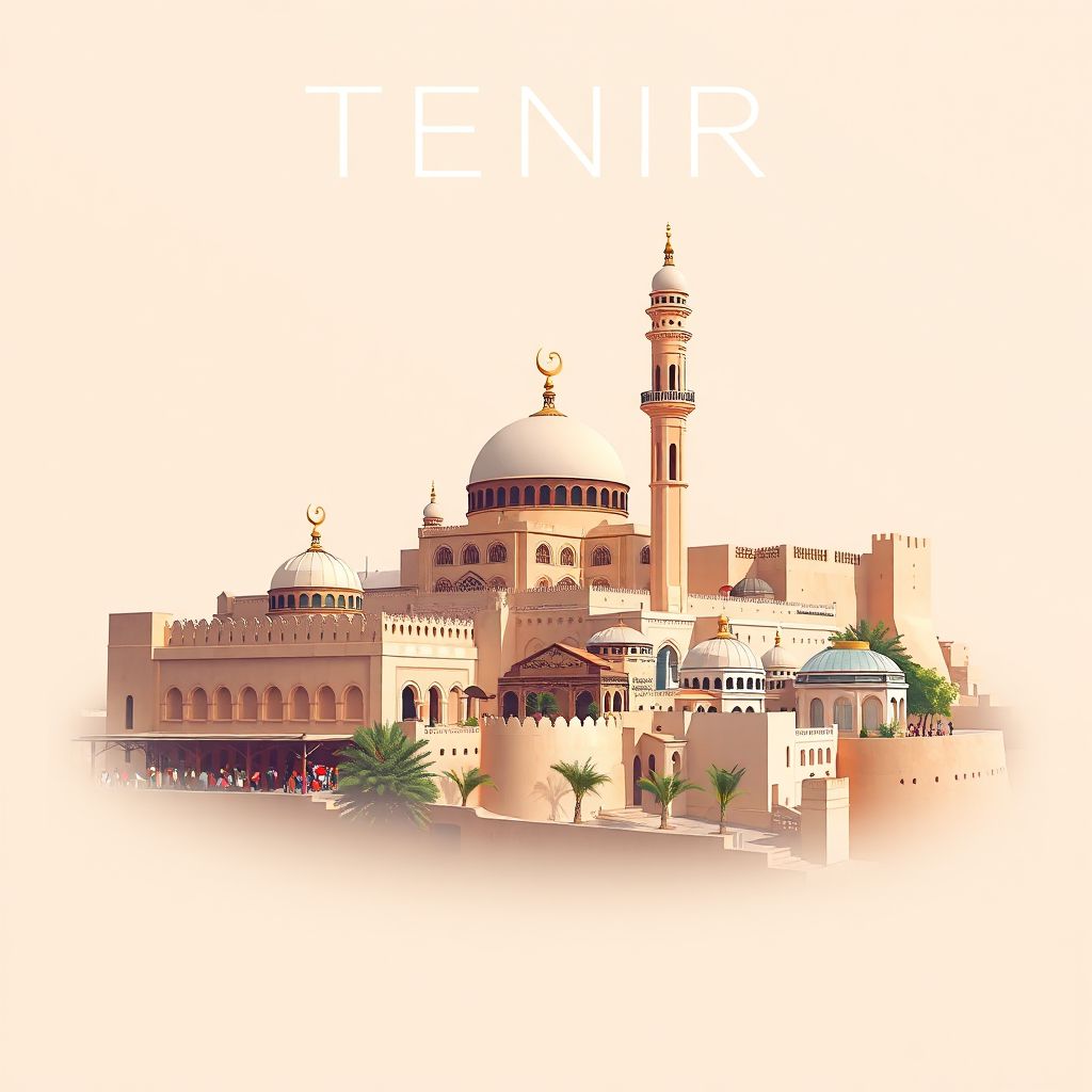 Ultra-high-definition gradient illustration style Tenira illustration, showing the unique charm of the Tenira Mosque, the Tenira Market, and the Tenira Fort.