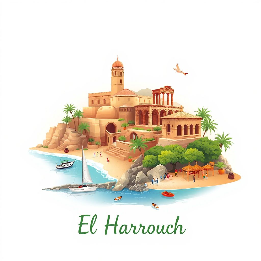 Ultra-high-definition gradient illustration style El Harrouch illustration, showing the unique charm of El Harrouch Beach and the historic ruins of the Roman city of Rusicade.
