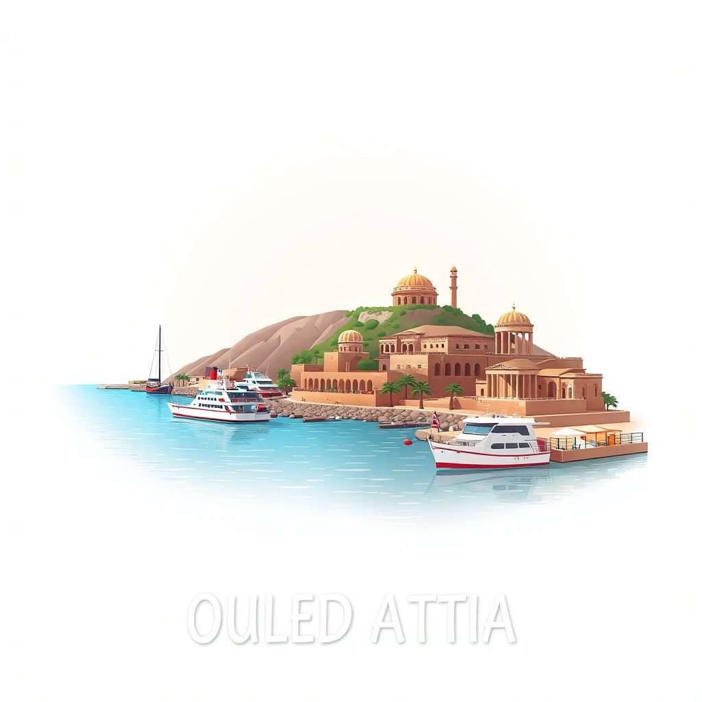 Ultra-high-definition gradient illustration style Ouled Attia illustration, showing the unique charm of the Skikda Port and the historic ruins of the Roman city of Rusicade.
