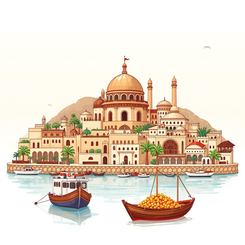 Ultra-high-definition gradient illustration style Oum Toub illustration, showing the unique charm of the Skikda Port, the Skikda Museum, and couscous.